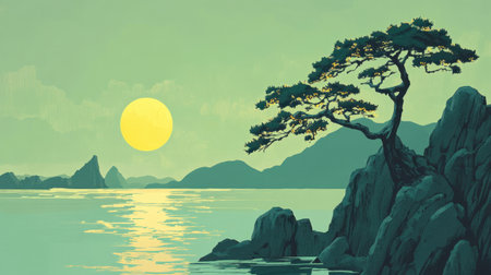 A tranquil landscape depicting an isolated tree on rocky outcrops, a gentle sun reflecting over calm water, and distant mountains creating a serene atmosphere.の素材