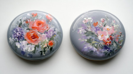Beautiful hand-painted decorative coasters featuring vibrant floral designs in soft pastels. Ideal for home decor, these unique pieces enhance any tabletop setting.の素材