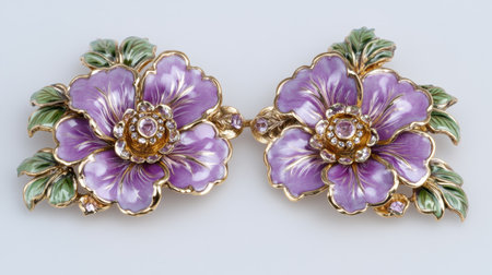 This beautiful pair of vintage flower brooches features intricate purple enamel petals and sparkling gemstone accents, ideal for jewelry collectors.の素材