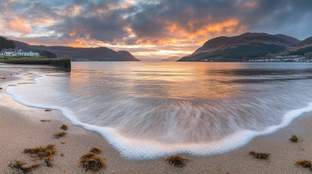 A breathtaking scene where the sun sets over calm waters, creating a beautiful interplay of colors in the sky above a tranquil beach with gentle waves.の素材