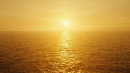 A tranquil scene showcasing a golden sunrise illuminating the calm ocean waters, creating a serene reflection and evoking a sense of peace and beauty.の素材