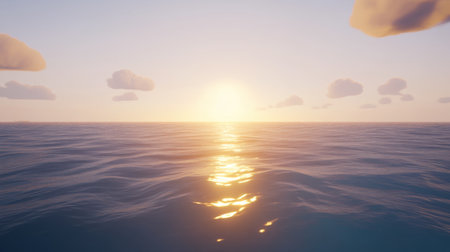 A breathtaking view of a tranquil ocean at sunset, featuring gentle clouds and shimmering reflections on the water's surface, creating a serene atmosphere.の素材
