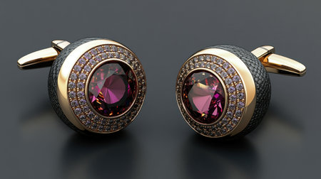Elegant gold cufflinks featuring stunning purple crystals surrounded by intricate detailing. Perfect for formal wear or special occasions.の素材
