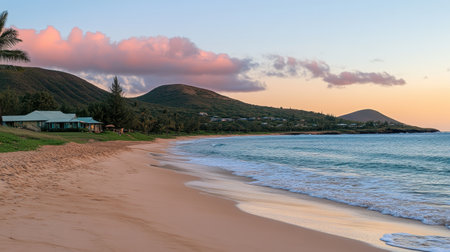 Discover a serene beach at sunrise, featuring gentle waves brushing the soft sand and lush green mountains rising in the background. Perfect for relaxation!の素材