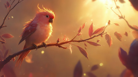 A charming soft pink bird sits gracefully on a branch, illuminated by warm sunlight. Surrounding leaves enhance the natural beauty of this tranquil scene.の素材