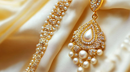 Capture the enchanting beauty of an elegant gold jewelry set adorned with pearls, resting on soft satin fabric, perfect for fashion and wedding designs.の素材