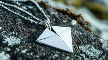 A beautiful geometric silver pendant necklace resting elegantly on a textured rock surface, capturing nature's beauty. Perfect for fashion lovers.の素材