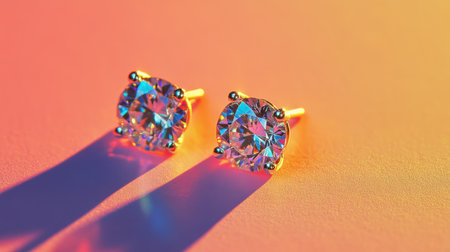 Stunning diamond stud earrings set in golden settings, beautifully illuminated against a soft gradient background, showcasing elegance and luxury.の素材
