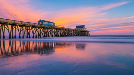 A stunning view of a pier at sunset, showcasing vibrant colors in the sky and reflections on the calm ocean water, perfect for evoking peace and tranquility.の素材
