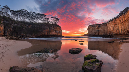 Captivating sunset view over a quiet beach with stunning rock formations and vibrant skies, offering a peaceful escape into nature's beauty. Ideal for travel and landscape themes.の素材