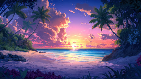 Experience the beauty of a serene beach at sunset, adorned with lush palm trees and vibrant skies. This captivating tropical scene invites relaxation.の素材