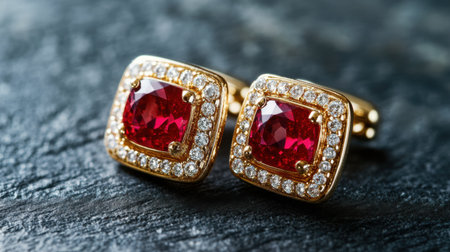 A stunning pair of gold earrings featuring vibrant red gemstones surrounded by shimmering diamonds, perfect for showcasing luxury and elegance in jewelry photography.の素材