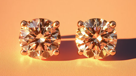 A stunning pair of round-cut diamonds showcases their brilliance against a soft golden backdrop. The elegant reflections and sparkles highlight their luxury and beauty, perfect for any occasion.の素材