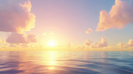 A breathtaking view of a tranquil sunrise over the calm ocean surface. The sky is filled with colorful clouds, creating a serene and peaceful atmosphere.の素材