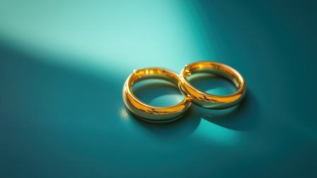 This image features two elegant gold wedding bands, reflecting warm light on a vibrant aqua background, symbolizing love and commitment.の素材