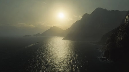 Experience the tranquility of a serene sunrise illuminating a mountainous coastline, with gentle waves reflecting the soft light on the water.の素材