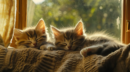 Two fluffy kittens sleep blissfully in a sunlit window, resting on a soft knit blanket. This serene scene captures the essence of cozy companionship and tranquility.の素材