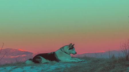 A tranquil scene featuring a dog resting on a hilltop during a colorful sunset. The vibrant hues of the evening sky create a peaceful ambiance in nature.の素材