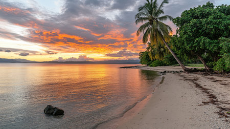 This peaceful beach scene captures a stunning sunset with vibrant colors reflecting on calm waters. Palm trees frame the shore, offering tranquility.の素材