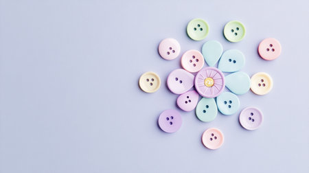 This image showcases a charming arrangement of colorful buttons designed to resemble a flower on a soft lavender background, perfect for inspiring creative craft projects.の素材