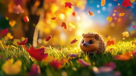 A whimsical scene featuring a small hedgehog surrounded by bright autumn leaves, showcasing the vibrant colors and serene beauty of nature in fall.の素材