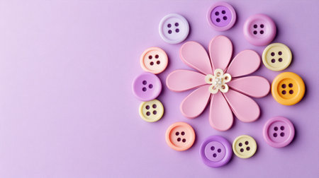 Beautifully arranged colorful buttons form a whimsical flower design on a soft purple background, perfect for creative projects and sewing themes.の素材