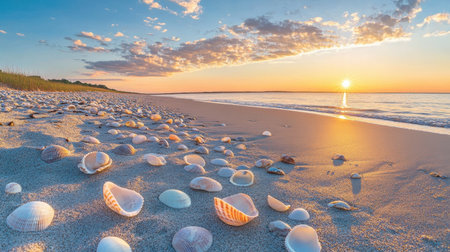 A stunning view of a sandy beach at sunset, featuring a variety of seashells scattered on the shore. The calm waves reflect the warm colors of the sky, creating a serene atmosphere perfect for relaxation.の素材