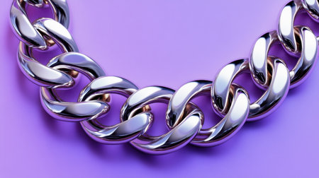 A close-up view of shiny silver chain links, perfectly arranged against a vibrant purple backdrop, showcasing modern jewelry design and elegant craftsmanship.の素材