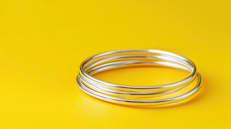 This image features a set of sleek silver bangles resting on a vibrant yellow background, highlighting a beautiful fusion of elegance and modern style. Perfect for fashion enthusiasts.の素材