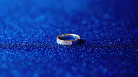 A close-up image of a beautiful gold ring adorned with sparkling details on a shimmering blue glitter background, perfect for showcasing elegance in jewelry.の素材