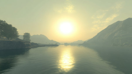 A serene sunrise casts a warm glow over tranquil waters, highlighting the silhouettes of distant mountains and creating beautiful reflections.の素材