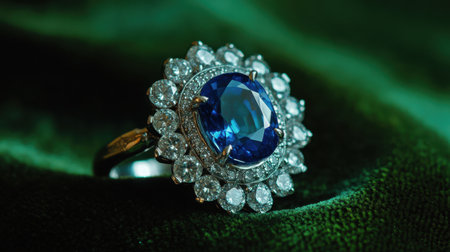 An exquisite blue sapphire ring embellished with sparkling diamonds, showcased elegantly on a lush green velvet backdrop. Perfect for fashion lovers.の素材