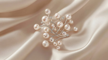 This exquisite brooch features elegant freshwater pearls delicately arranged on a satin backdrop, perfect for highlighting fashion and jewelry collections.の素材