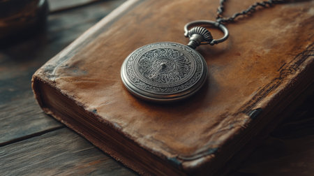A vintage pocket watch lays atop an aged leather-bound book, capturing an enchanting moment filled with nostalgia and charm in warm sunlight.の素材