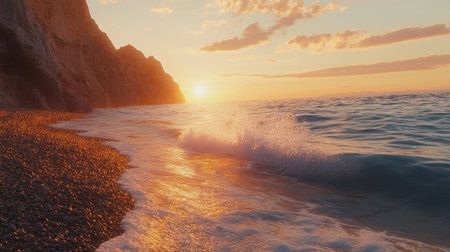 This captivating image captures a serene sunset viewed from a rocky beach, highlighting gentle waves lapping against the shore. Warm colors fill the sky.の素材