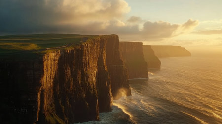 A breathtaking view of towering cliffs against a vibrant sunset, capturing the essence of nature's beauty with crashing waves and serene sky.の素材