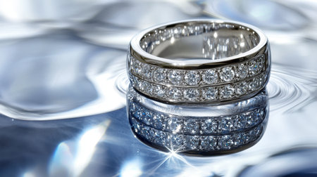 A stunning silver ring adorned with sparkling diamonds rests gracefully on a reflective water surface, capturing luxury and elegance in this exquisite close-up.の素材