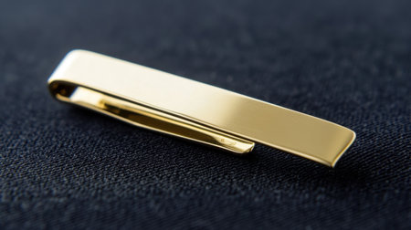 A stunning gold tie clip rests on a textured black fabric surface, ideal for showcasing formal accessories and enhancing men's fashion and style.の素材
