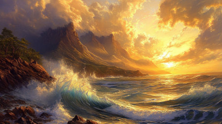 A breathtaking coastal sunrise scene captures the beauty of crashing waves against rugged mountains. The warm sunlight casts a golden glow over the landscape, creating a tranquil atmosphere.の素材
