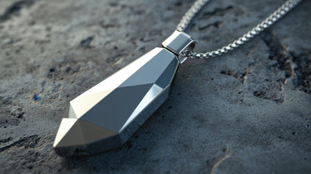 This stunning geometric pendant, crafted from polished silver, elegantly reflects light against a textured grey stone background, perfect for showcasing modern aesthetics.の素材