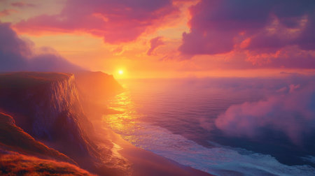 Experience the breathtaking beauty of a serene sunset over rocky cliffs, where vibrant skies meet calm ocean waves. This picturesque landscape captures nature's tranquility and colors, inviting viewers to explore its peaceful atmosphere.の素材