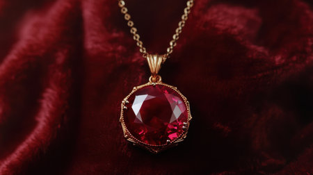 A stunning red gemstone pendant necklace placed elegantly on a rich fabric surface. The intricate details and vibrant colors make this piece a perfect accessory for special occasions.の素材