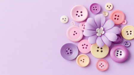 Bright and cheerful arrangement of colorful buttons and a flower on a soft purple background. Perfect for craft projects, sewing inspiration, and artistic expressions.の素材