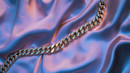 This image features an elegant gold chain jewelry piece resting on soft satin fabric, showcasing intricate details and a luxurious feel with stunning colors.の素材