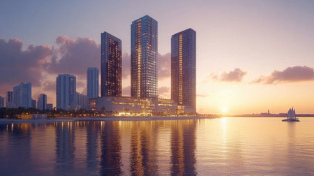 Stunning waterfront scene showcasing modern skyscrapers reflecting in calm waters at sunset, creating a breathtaking urban landscape filled with tranquility.の素材