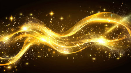This stunning image features golden waves of light adorned with dazzling sparkles and twinkling stars against a dark background, perfect for festive occasions.の素材