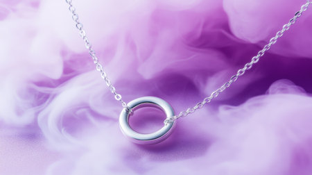 This stunning silver necklace features a simple circle pendant, set against a soft purple background enhanced by whimsical smoke effects, creating a dreamy atmosphere.の素材