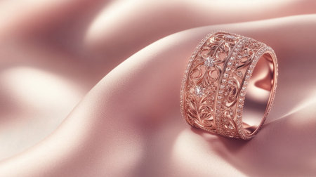This stunning rose gold ring showcases intricate detailing and sparkling diamonds, resting elegantly on a soft satin fabric background, perfect for highlighting luxury.の素材