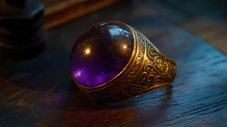 This image showcases an exquisite antique gold ring featuring a captivating purple gemstone, elegantly presented on a textured wooden surface, illuminated by soft lighting.の素材