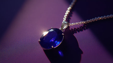 A stunning close-up of a blue gemstone necklace featuring a delicate silver chain. The soft lighting accentuates the gem's brilliance and elegance, creating a luxurious feel. Perfect for showcasing fashion jewelry in a stylish setting.の素材